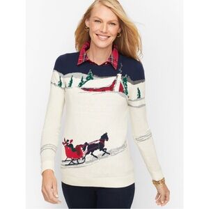 Talbots Navy Crewneck Sweater Size Medium Winter Sleigh Scene Holiday Christmas